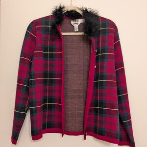 Vintage Talbots 100% Wool Plaid Open Cardigan with Faux Fur Trim
